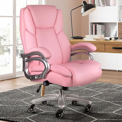 VITESSE 500lbs Heavy Duty Office Chair for Low Back Pain Relief, Big and Tall Office Chair with Ergonomic Lumbar Support, High Back Executive Chair with Quiet Rubber Wheel（Pink）
