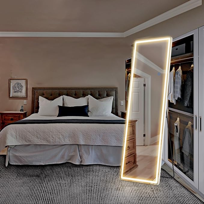 OLIXIS 21"x 64" LED Full Length Mirror with Lights, Standing Lighted Floor Full Body Mirror with 3 Color Lighting, Wall Mounted Mirrors for Bedroom, Bathroom, Entryway with Tempered Glass
