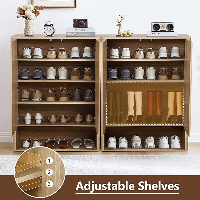 Shoe Cabinet, 5 Tier Wooden Shoe Storage Organizer Cabinet with Adjustable Shelves, Shoes Rack Accent Cabinet for Entryway Hallway Living Room, Natural
