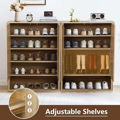 Shoe Cabinet, 5 Tier Wooden Shoe Storage Organizer Cabinet with Adjustable Shelves, Shoes Rack Accent Cabinet for Entryway Hallway Living Room, Natural