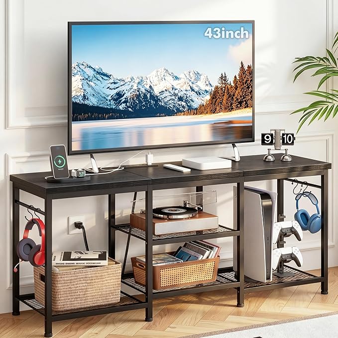 YGEOMER TV Stand for Tvs Up to 50 Inch, Entertainment Center with Power Outlet and Open Storage Shelves, TV Console Table for Living Room Bedroom, Black