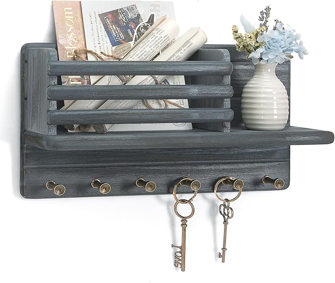 Rebee Vision Pine Wood Key Holder Wall Mount for Home Decor – Key Holder for Wall Mail Slot Can Store Letters & Files - 6 Hooks for Car Keys & Hats, Home Essentials (Royal Blue)
