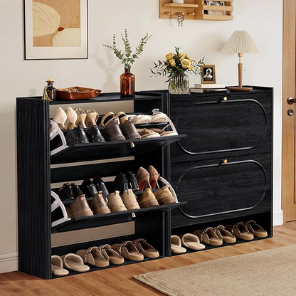 ORRD Shoe Storage Cabinet with 2 Flip Drawers Set of 2, Wood Narrow Shoe Cabinet for Entryway, Fluted Hidden Shoe Organizer, Freestanding Slim Shoes Cabinets for Foyer, Hallway-Black