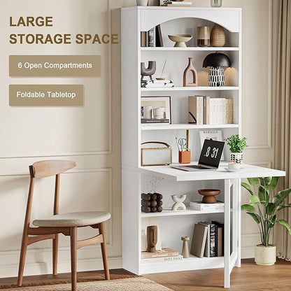 6-Tier Bookshelf with Folding Table, 72.8” Tall Open Storage Bookcase, Large Storage Capacity, Modern Display Shelf for Home Office, Living Room, Bedroom, White