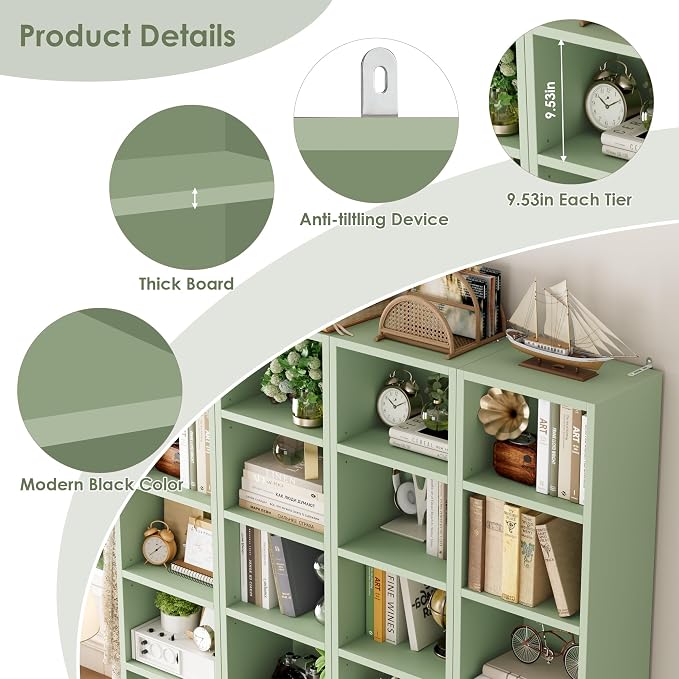 FOTOSOK 2 Pcs 71'' Tall Narrow Bookshelf, 8-Tier Media Tower Rack Set of 2, CD DVD Storage Cabinet with Adjustable Shelves, Tall Narrow Bookcase Skinny Display Bookshelf Slim Shelf, Green