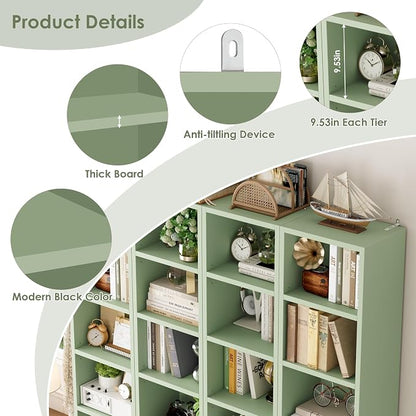 FOTOSOK 2 Pcs 71'' Tall Narrow Bookshelf, 8-Tier Media Tower Rack Set of 2, CD DVD Storage Cabinet with Adjustable Shelves, Tall Narrow Bookcase Skinny Display Bookshelf Slim Shelf, Green