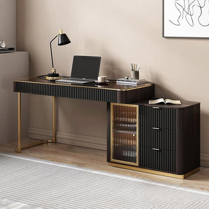 Lartis Office Desk, Very Easy to Assemble, Computer Desk, Home Telescopic Writing Desk, Modern Computer Desk with Retractable Cabinet Built-in LED Lights (Black Brown, 50 in)