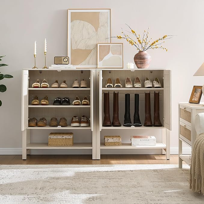 SICOTAS Shoe Cabinet with Storage - 3 Pieces Farmhouse Shoe Organizer with Rattan Doors & Shelves, 5 Tier Free Standing Shoe Rack Storage Cabinet for Entryway, Living Room, Closet (White Cream Oak)