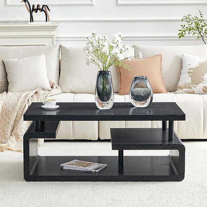 43.5" Coffee Table, 3-Tier Modern Center Table with Storage, Large Wood Coffee Table for Living Room, Office, Apartment (Black)
