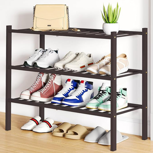 Smiry Bamboo Shoe Rack, 3 Tier Free Standing Wooden Shoe Organizer, Stackable Wood Shoe Storage Shelf for Closet, Entryway, 12 Vertical Slats, 2+1 Stack Standard Legs, 26.8"x11"x19.5", Brown