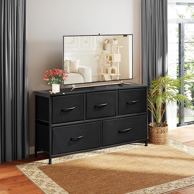 Sweetcrispy Dresser for Bedroom with 5 Storage Drawers, Fabric Storage Tower Organizer, Chest of Drawers with Metal Frame Wooden Top for Closet, Living Room, Entryway, Black