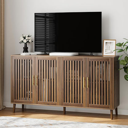Buffet Cabinet with Storage, 63" Walnut Sideboard with Grille Doors&Adjustable Shelf, Wood Coffee Bar Storage Cabinet for Kitchen Living Room Entryway