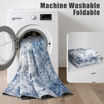 Washable Area Rug 3x10 Entryway Rug: Washable Modern Abstract Soft Thin Rug Indoor Floor No Slip Stain Resistant Carpet for Bedroom Dining Room Farmhouse Nursery Home Office - Blue