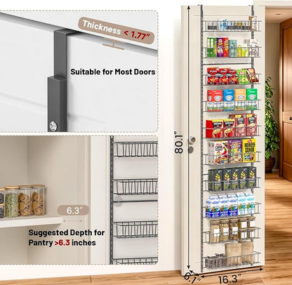 ElegantArray 10-Tier Pantry Door Oragnizer, Over The Door Pantry Organizer Rack and Storage, Hanging Spice Rack Shelves Door, Home Office Laundry Room Bathroom & Kitchen Organization, Deep Gray