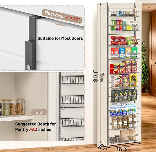 ElegantArray 10-Tier Pantry Door Oragnizer, Over The Door Pantry Organizer Rack and Storage, Hanging Spice Rack Shelves Door, Home Office Laundry Room Bathroom & Kitchen Organization, Deep Gray