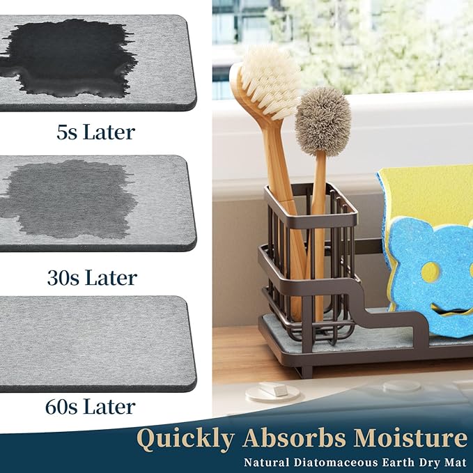 Consumest Sponge Holder for Kitchen Sink - Sink Caddy Organizer with Water Absorbing Stone Tray, Detachable Brush Holder, Stainless Steel Kitchen Counter Organizer Rack, Bronze