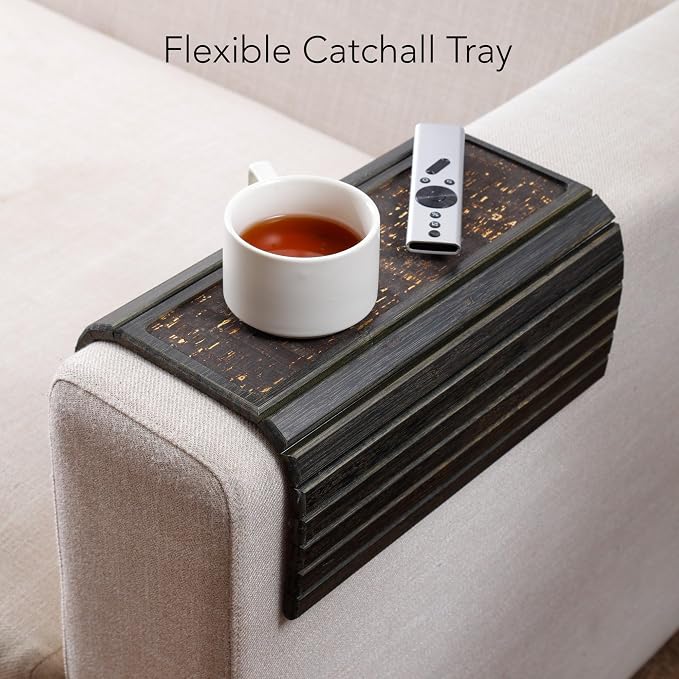 DETOR Couch Arm Tray with Retro Cork Pad, Black-Stained Bamboo Finish, Enhanced Non-Slip Bottom, Sturdy Bamboo Slats, Fits Armrests 4.6" and Wider