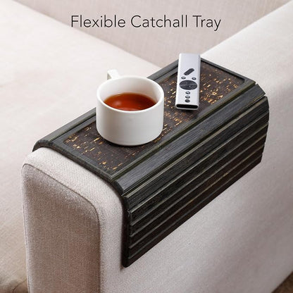 DETOR Couch Arm Tray with Retro Cork Pad, Black-Stained Bamboo Finish, Enhanced Non-Slip Bottom, Sturdy Bamboo Slats, Fits Armrests 4.6" and Wider