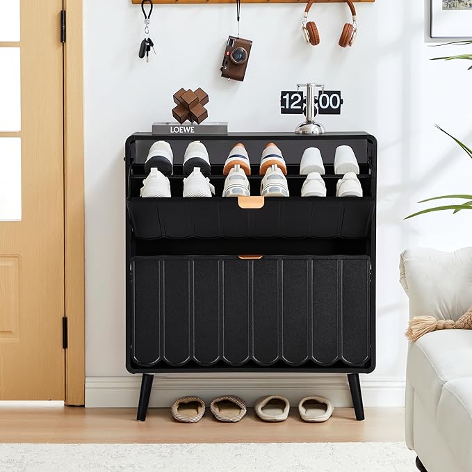 Shoe Storage Cabinet for Entryway with 2 Flip Drawers, Freestanding Narrow Wood Shoe Cabinet with Wave Panel, Hidden Shoe Organizer for Foyer, Hallway (Black)