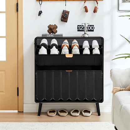 Shoe Storage Cabinet for Entryway with 2 Flip Drawers, Freestanding Narrow Wood Shoe Cabinet with Wave Panel, Hidden Shoe Organizer for Foyer, Hallway (Black)