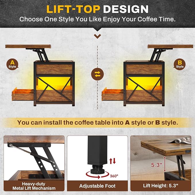 Itaar 40" Lift Top Coffee Table, 4 in 1 Coffee Tables with Storage for Living Room, Small Farmhouse Coffee Table with 2 Drawers & LED Light for Dining Reception Room, Rustic Brown