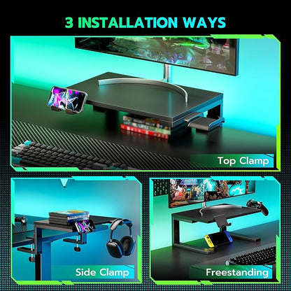 ARES WING Desk Shelf Extender, 15 inches 3 in 1 Clamp on Desk Shelf with Phone & Headset Holders, Heavy Duty Desktop Organizer for Gaming and Office Accessories, Black