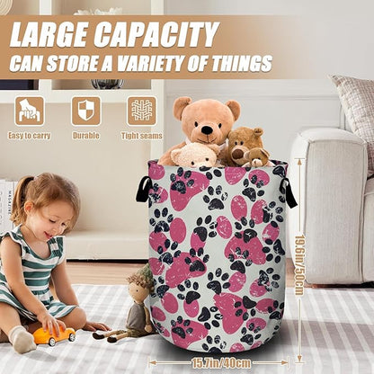 Pink Paw Print Laundry Basket, Foldable Waterproof Laundry Hamper Tote Bag Dirty Clothes Storage Bucket Toy Organizer for Bathroom/Laundry/Bedroom 15.7"x19.6"