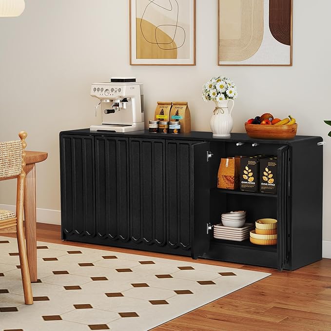 ORRD Sideboard Buffet Cabinet with Storage, Low Storage Cabinet Modern Wooden Accent Credenza Console Table TV Stand with 6 Wave Panel Doors for Kitchen Dining Living Room Entryway, Black
