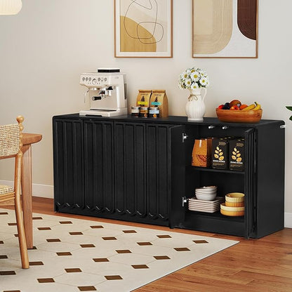 ORRD Sideboard Buffet Cabinet with Storage, Low Storage Cabinet Modern Wooden Accent Credenza Console Table TV Stand with 6 Wave Panel Doors for Kitchen Dining Living Room Entryway, Black