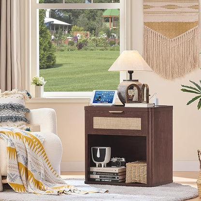 LEYAOYAO Rattan Nightstand with Charging Station, Walnut Night Stand with Drawer, 23" Wide Boho Bedside Table with Storage Shelf, Bed Side End Tables for Bedroom, Living Room, Hallway