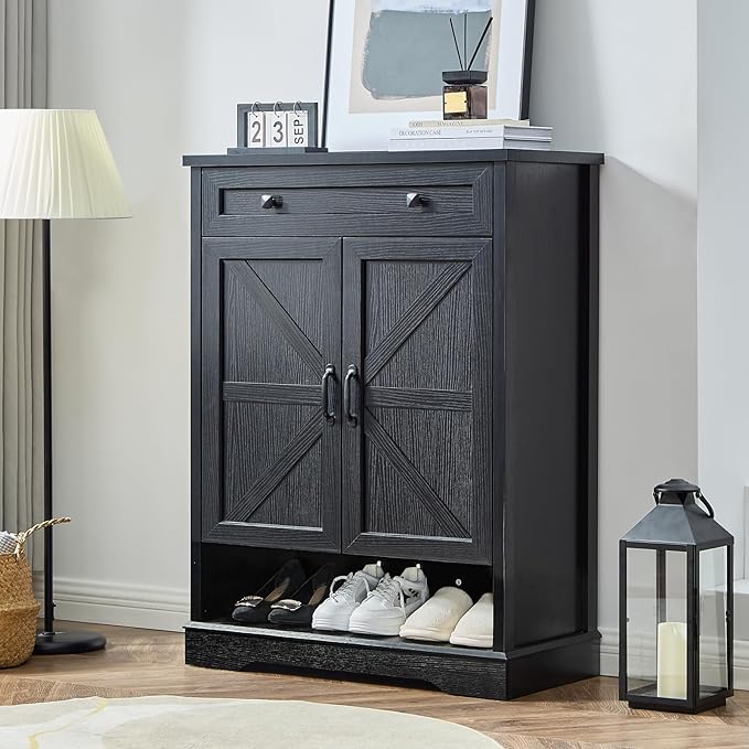 SOOWERY Shoe Cabinet with Drawer, Farmhouse Shoe Storage Cabinet with Doors, 5 Tiers Narrow Shoe Organizer for Entryway, Foyer, Hallway, Black