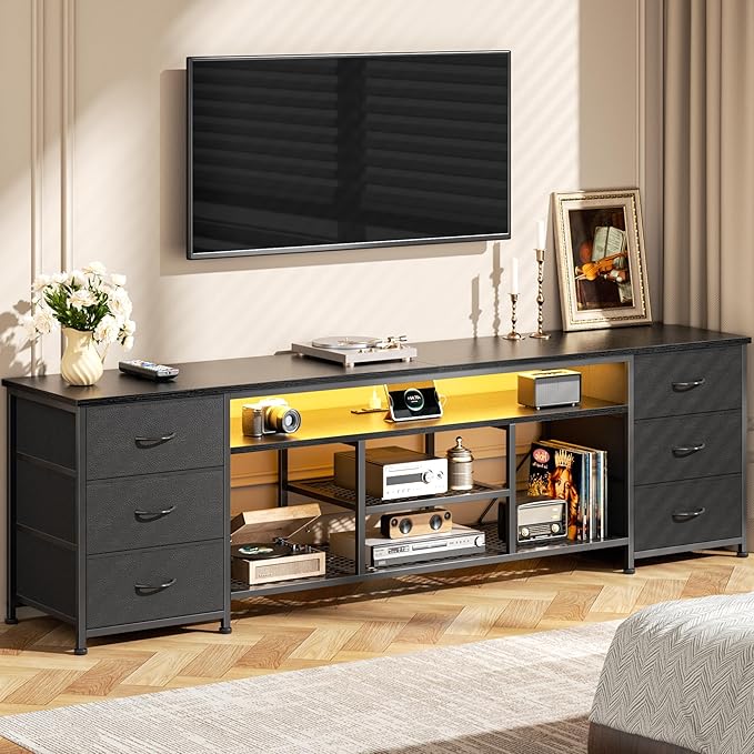 Furologee LED TV Stand for 65, 70, 80 Inch TV, 71 Inch Entertainment Center with Power Outlets, 6 Fabric Drawers Dresser for Bedroom, Media Console with Open Shelves, PU Leather Surface, Black