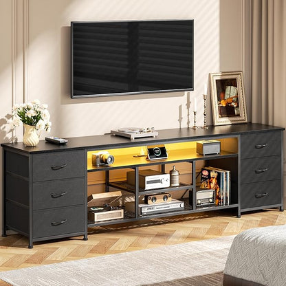 Furologee LED TV Stand for 65, 70, 80 Inch TV, 71 Inch Entertainment Center with Power Outlets, 6 Fabric Drawers Dresser for Bedroom, Media Console with Open Shelves, PU Leather Surface, Black