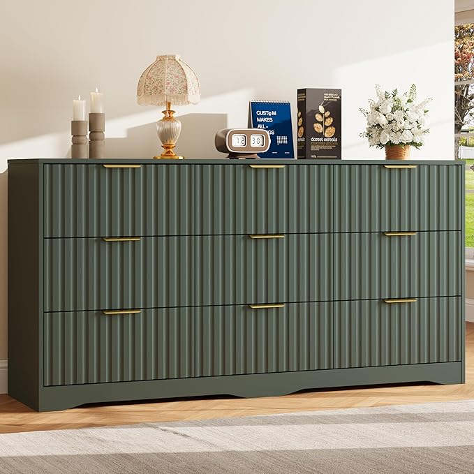 Fluted 9 Drawers Dresser for Bedroom, 63" Wide Wood Dressers Chest of Drawers with Metal Handle, Long Modern Dresser TV Stand Storage Organizer for Living Room, Green