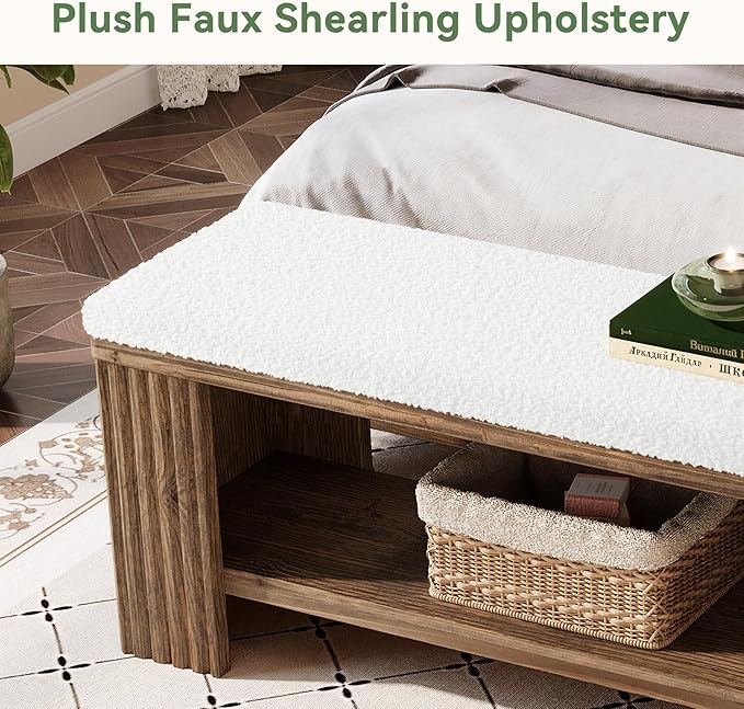 63" Solid Wood Entryway Bench, Farmhouse Upholstered End of Bed Bench with Removable Faux Lambswool Cushion and Fluted Legs, Indoor Long Ottoman for Bedroom, Entryway, Dark Brown
