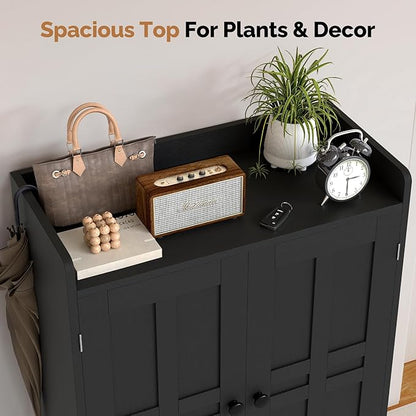 Farmhouse Shoe Cabinet with Doors, 6-Tier Wooden Shoe Organizer with Adjustable Shelves, Entryway Storage Cabinet with Metal Legs, Rustic Shoe Storage for Entryway or Living Room (Black)