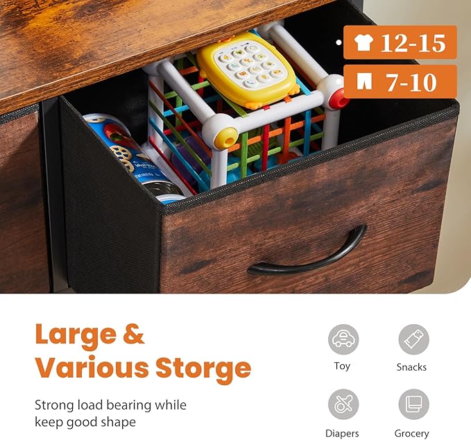Sweetcrispy Dresser for Bedroom with 9 Storage Drawers, Large Fabric Storage Tower Organizer, Chest of Drawers with Metal Frame Wooden Top for Closet, Living Room, Entryway, Brown