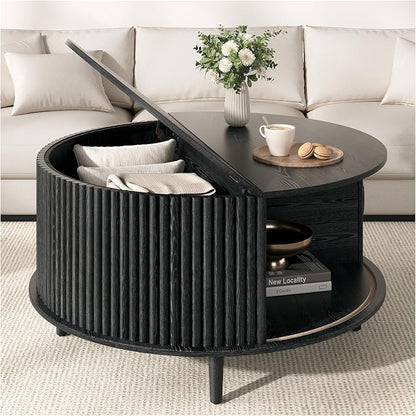 JOINICE,Black Round Coffee Table with Storage, 31.5" Fluted Center Table with Sliding Door, Modern Circle Drum Accent Table for Living Room, Sleek Wood Furniture for Small Spaces & Apartments
