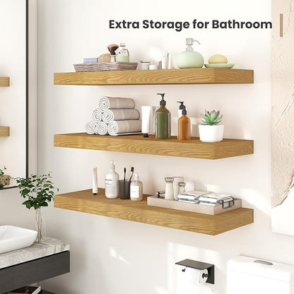 Heimlove 12" Deep Floating Shelves, 36 x 12 Inch Wall Mounted Long Floating Shelf with Invisible Brackets, for Home Decor, Bedroom, Kitchen, Living Room, Bathroom - 2 Pack, Oak