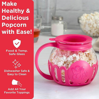 Ecolution Patented Micro-Pop Microwave Popcorn Popper with Temperature Safe Glass, 3-in-1 Lid Measures Kernels and Melts Butter, Made Without BPA, Dishwasher Safe, 1.5-Quart, Pink (Pack of 4)