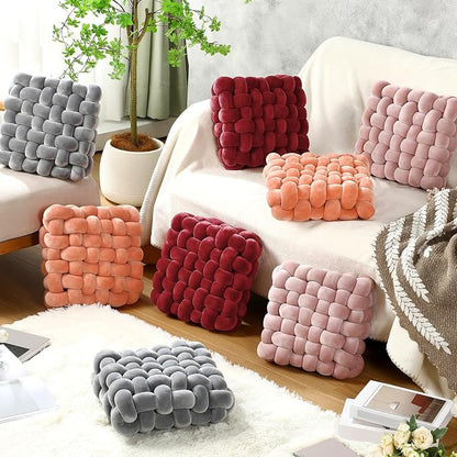 Wenqik 2 Pcs Knot Pillows Square Knotted Plush Throws Soft Accent Pillows Decoration Cushion for Couch Home Office Living Room Bedroom Bed Sofa Decor, 12'' x 13''(Burgundy,Crystal Velvet)