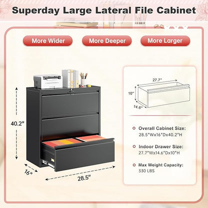 Superday Lateral File Cabinet 3 Drawer Metal File Cabinet with Lock, Black Filing Cabinets for Home Office, Locking Filing Cabinets Hanging Files Letter/Legal/F4/A4