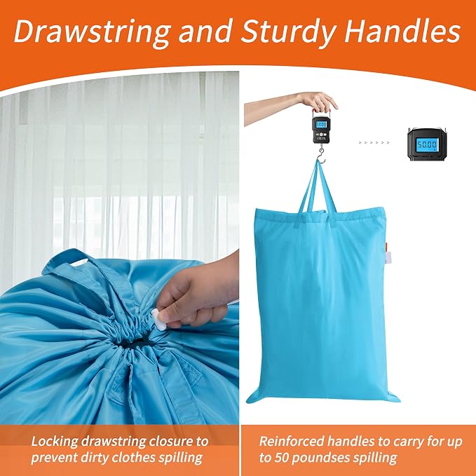 Polecasa Extra Heavy-Duty Laundry Bag 28x36”- Machine Washable Large Storage Bag with Reinforced Handles & Drawstring Closure & ID Tag for College Dorm Travel -Gulf Blue