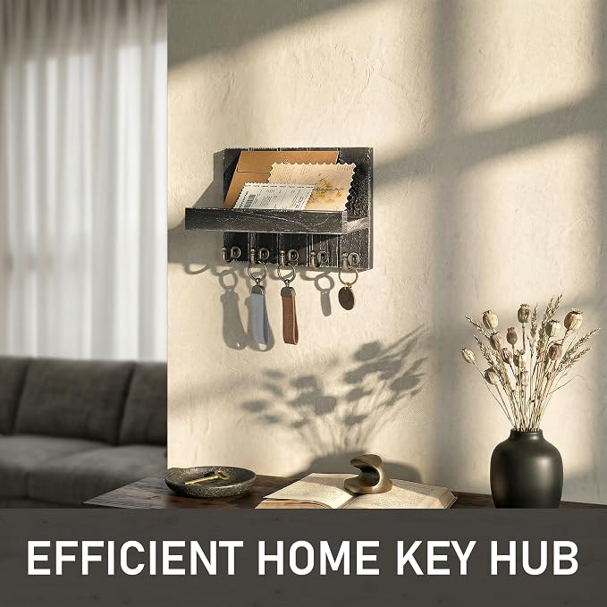 Rebee Vision Pine Wood Key Holder Wall Mount with Shelf – Farmhouse Key Holder for Wall & Sunglass Organizer for Entryway – Perfect for Living Room Decor (3.54" x 10" x 7.28", Old Black)