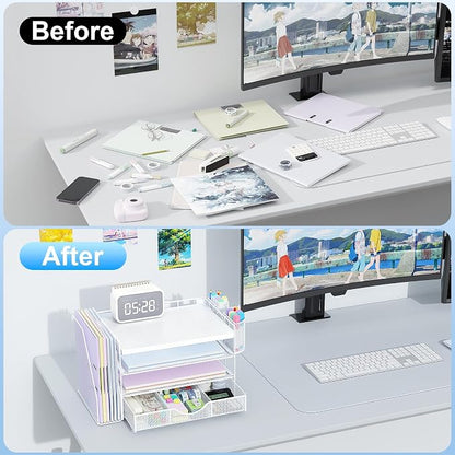 gianotter Wood Desk Organizers and Accessories with File Holder, 4-Tier Desk Accessories & Workspace Organizers with Drawer and 2 Pen Holder, Desk Reference Organizer (White, 4T with Metal Drawer)