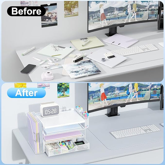 gianotter Wood Desk Organizers and Accessories with File Holder, 4-Tier Desk Accessories & Workspace Organizers with Drawer and 2 Pen Holder, Desk Reference Organizer (White, 4T with Metal Drawer)