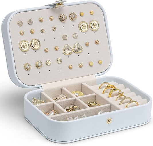 VLANDO Travel Jewelry Case, PU Leather Travel Jewelry Box with Earring Holder, Portable Display Mini Jewelry Case for Mothers Day Women Girls Gift - Blue