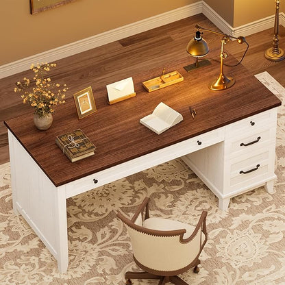 53.5" Executive Desk with Power Outlet, Home Office Desk with Drawers, Wooden Work Desk with File Cabinet, Computer Desk for Work, Study, Writing, White and Brown