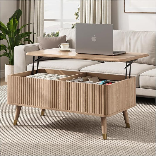 JOINICE Lift Top Coffee Table with Storage,Natural Wood Center Table for Living Room, Modern Farmhouse Oak Fluted Design,Pop-Up Desk for Work & Dining
