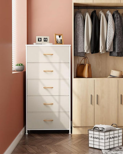 Crestlive Products Vertical Dresser Storage Tower - Sturdy Steel Frame, Wood Top, Easy Pull Fabric Bins - Wide Organizer Unit for Bedroom, Hallway, Entryway, Closets - 5 Drawers(Beige)